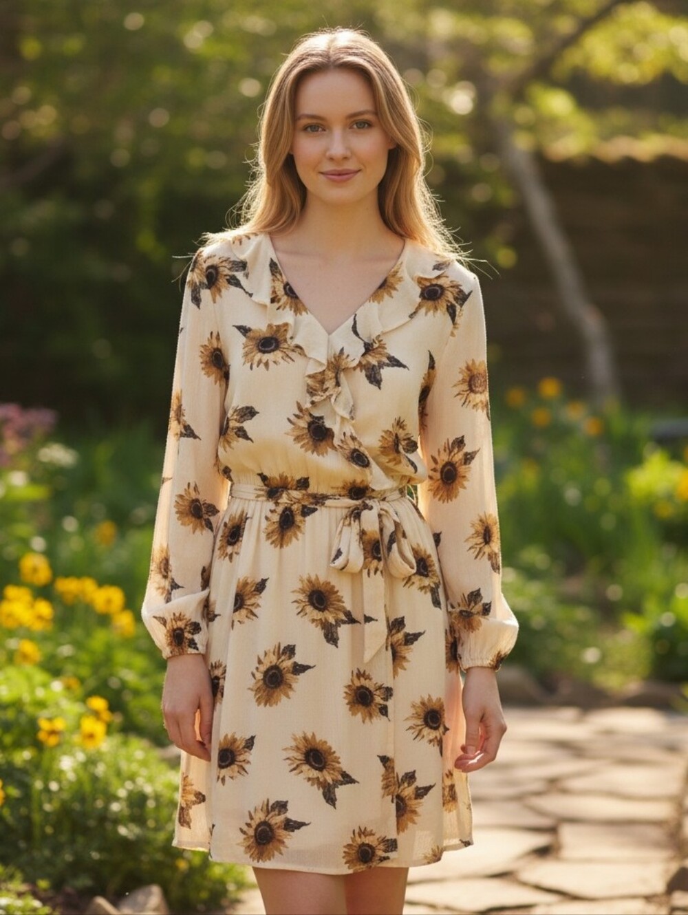 Altar'd State Size Small Cream Sunflower Ruffle-Tie Long Sleeve Floral Dress